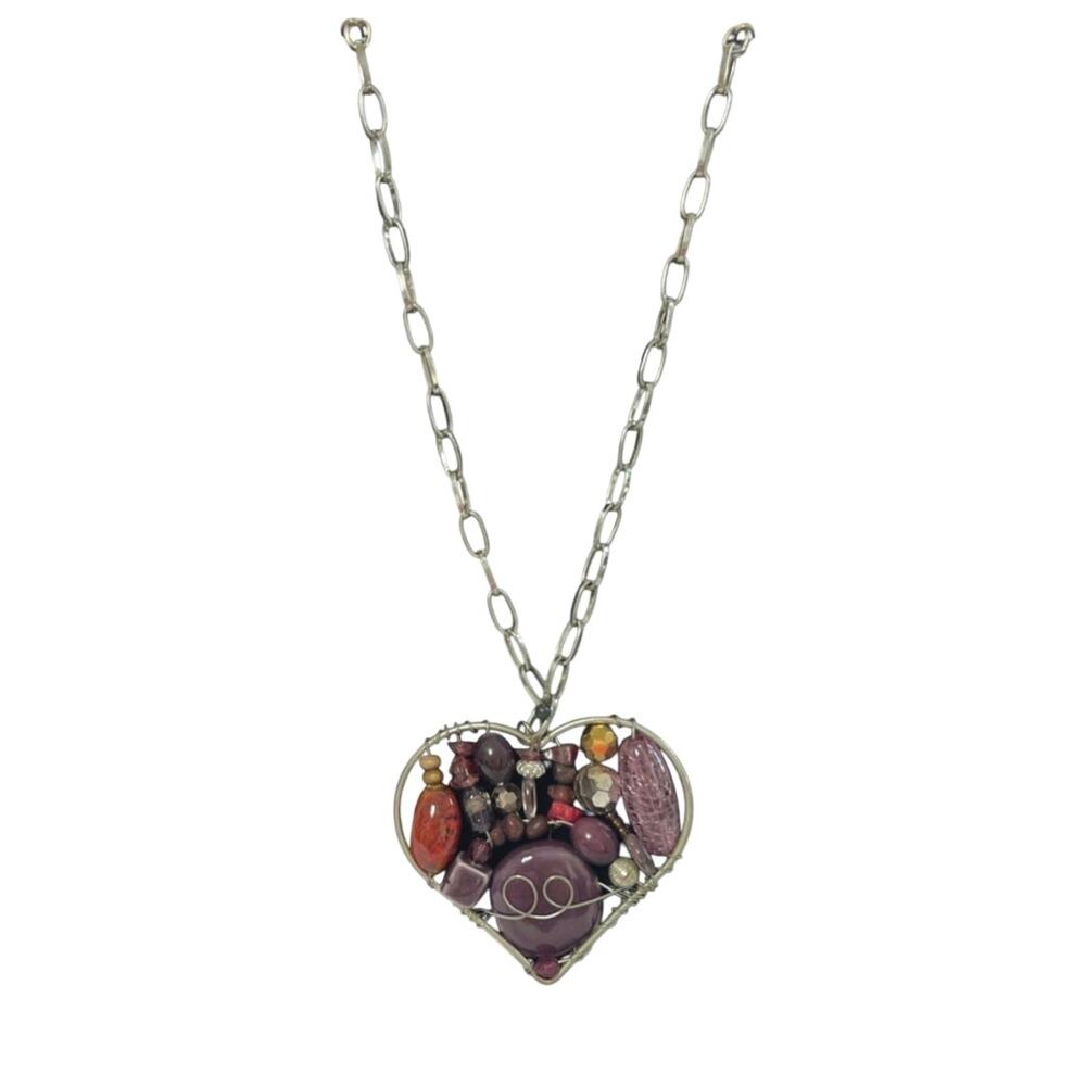 VTG Necklace Mosaic Beads & Stones In Large Heart-Shaped Pendant